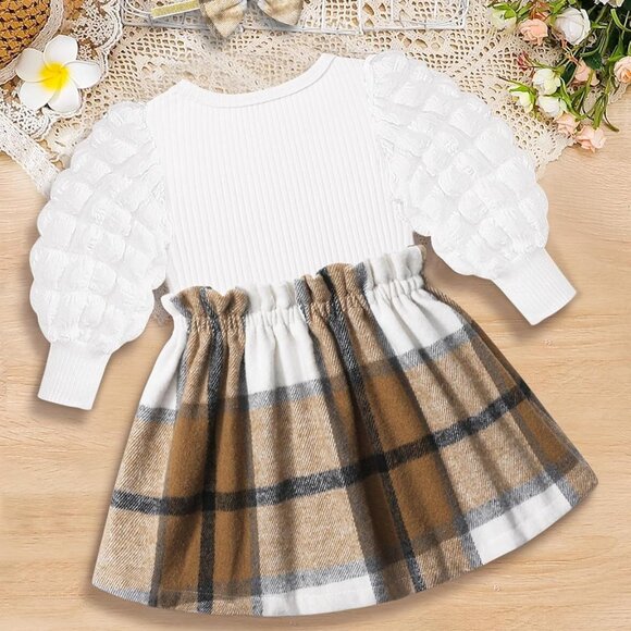 Stylish Cotton Blend Baby Girl Dress with Puff Sleeves & Bowknot Headband 12-18M - Picture 5 of 6